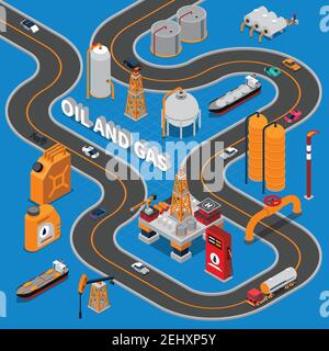 Öl und Gas isometrische Zusammensetzung auf blauem Hintergrund mit verschiedenen Transport, Straße, Industrieanlagen, Kanister Vektor-Illustration Stock Vektor