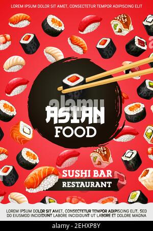 Sushi und Brötchen, asiatische Küche, japanische Küche. Vector Meeresfrüchte, Barsch und Garnelen, Lachs und Thunfisch, Aal und Avocado, Tofu-Käse. Unagi und Sashimi, Aal Stock Vektor