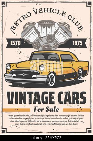 Oldtimer Verkauf Garage, Retro-Fahrzeuge Club und Mechaniker-Service-Station der Motorreparatur und Fahrwerk Restaurierung und Diagnose. Vector vintage re Stock Vektor