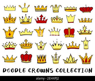 Kronen Doodle Zeichnung Sammlung. Handgezeichnete Königin, König oder Prinzessin Krone Symbole auf weiß isoliert gesetzt. Vektorgrafik Stock Vektor