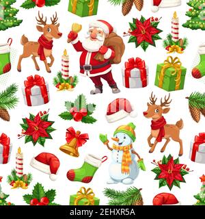 Weihnachtliche nahtlose Muster mit Weihnachtsmann, Weihnachtsbaum und Geschenke, Schneemann und Rentiere. Winterurlaub Glocken, Spielzeug und Geschenke, Socken, rote Hüte, ho Stock Vektor