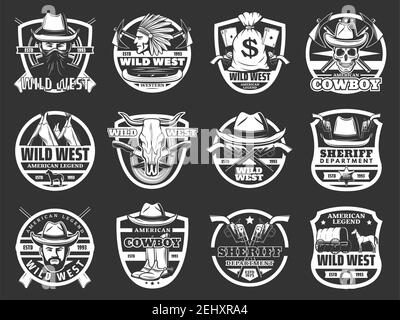 Wild West Western isolierte Symbole. Vector Cowboy in Hut und Pistole, Revolver und Schädel, Bandit und Indianer. Bull und native American, Geldbeutel und Messer Stock Vektor