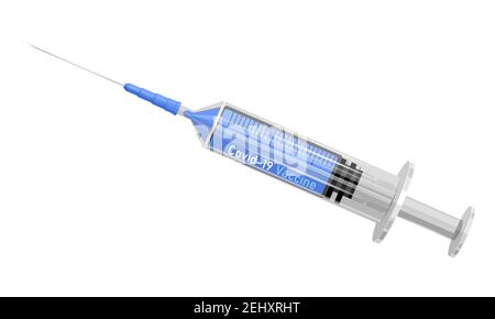 Spritze mit blauem Flüssigimpfstoff gegen COVID-19, nCoV 2019 Infektion. Vektorgrafik isoliert auf weißem Hintergrund Stock Vektor