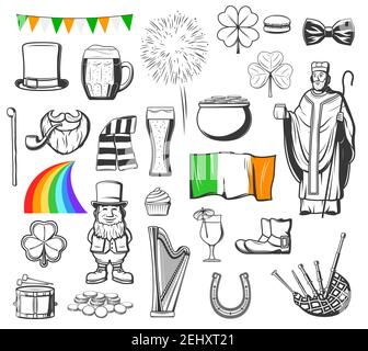St. Patricks Tag Religion Urlaub von Irland Vektor-Symbole. Topf mit Gold, Kobold und Hut, Kleeblatt grün, Regenbogen und glücklicher Kleeblatt, Bierkrug Stock Vektor
