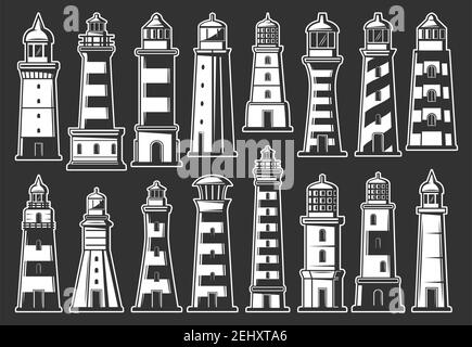 Marine Leuchtturm und Beacon monochrome Symbole. Navigation im Meer, Sicherheit auf dem Wasser, Schiffbau an Land oder Küste. Nautisches Gebäude towe Stock Vektor
