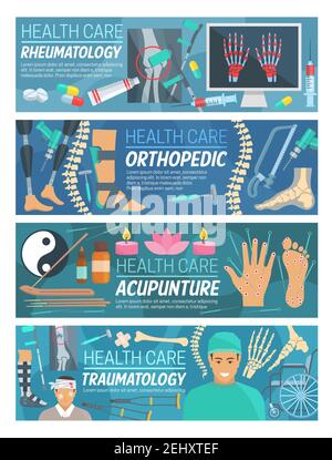 Banner für die Rheumatologie, orthopädische Traumatologie und Akupunkturmedizin. Vector Rheumatologe und Orthopäden Ärzte mit medizinischen diagnostischen Produkten und Stock Vektor