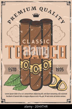 Zigarren und Tabak Retro Poster. Vector Zigaretten mit kubanischen Havanna Premium-Qualität Label und Cutter, Tabakfabrik oder Gentleman Rauchen Stock Vektor