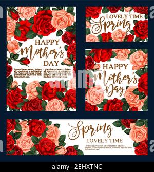 Happy Mother Tag Grußkarten von roten Blumen für Urlaub Grußkarte. Vektor-Design von blühenden Gartenrosen und florieren rosa Rosenblüten Bündel Stock Vektor