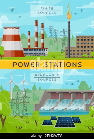 Kraftwerk, endliche und erneuerbare Quellen, Ökoenergie und Umweltverschmutzung. Vector Kernkraftwerke und Windmühlen, Wasser-Dum und Solarbatterie. Fabrik und po Stock Vektor