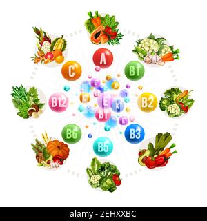 Vitamine A, B, C und D aus Obst und Gemüse. Vector Papaya und Kohl, Karotte und Tomaten, Pilz und Kürbis, Weizen und Grapefruit, Pfirsich und Stock Vektor