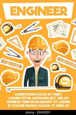 Beruf des Ingenieurs oder Architekten. Bau- oder Wohnprojekt. Vector Cartoon Ingenieur Mann in Sicherheit Hut mit Arbeitswerkzeugen. Lineale und cr Stock Vektor