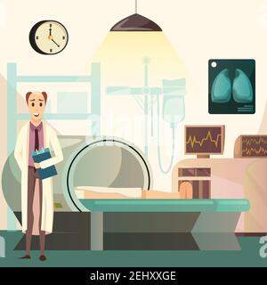 Besiegen Krebs orthogonale medizinischen Hintergrund Poster mit Onkologen während magnetische Resonanzbildgebung MRT-Untersuchung Vektordarstellung Stock Vektor