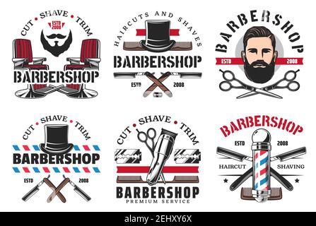 Friseurladen und Rasierikone. Vector Mann mit Frisur, Bart und Schnurrbart, retro Rasierklinge, Schere mit Fön, Hut und männlichen Colog Stock Vektor