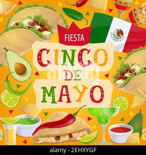 Cinco de Mayo Fiesta Party Feier in Mexiko. Vector Mexican traditionellen Urlaub Cinco de Mayo Gruß und Symbole, Avocado mit Chili jalapeno p Stock Vektor