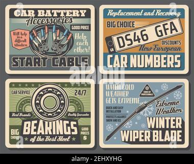 Car Service Vintage Plakate der Garage Mechaniker Diagnose, Automobil-Nummernschilder Ersatz und Verwertung. Vector Kfz-Ersatzteile Shop mit Stock Vektor