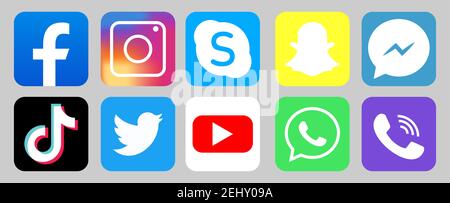 Symbolsatz für soziale Medien. Viber, YouTube, Instagram, Facebook, Twitter, TIK Tok WhatsApp Snapchat Skype Stock Vektor