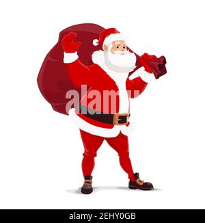 Weihnachtsmann mit Geschenktüte. Vektor Weihnachten symbolische Fee Charakter. Älterer Mann mit weißem Bart in roter Kleidung, Gürtel und Stiefeln, Fäustlingen und coa Stock Vektor