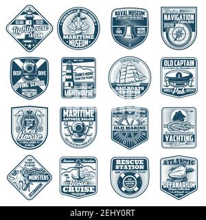 Nautische Heraldik Ikonen der marinen Ausrüstung. Vektor Leuchtturm und Glocke, Kompass und Tauchhelm, Segelboot und Kapitän Hut. Seepferdchen und Anker, ste Stock Vektor