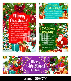 Frohe Weihnachten Grußkarten von Weihnachten Party Einladungen. Baumschmuck Ornamente und Weihnachtsgeschenke auf Stechenkranz im Schnee für Neujahr. Vecto Stock Vektor