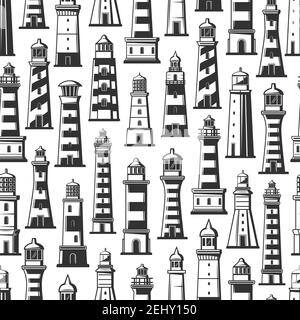 Nahtlose Muster von Leuchttürmen oder Leuchtfeuer. Schiffsbau mit Lichtsignal oben für die Seeschifffahrt. Gestreiftes Gebäude in Form eines Turms Stock Vektor
