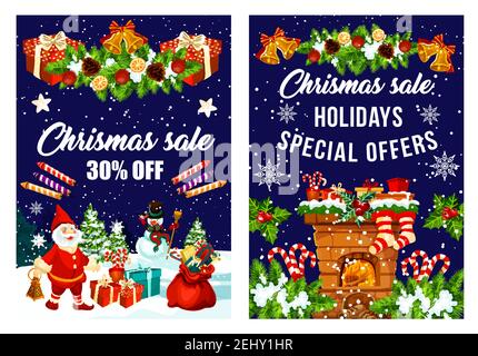 Weihnachtsverkauf für Neujahrsdekorationen und Feuerwerk und spezielle Weihnachtszeit Rabatt bieten Poster. Vektor Xmas gnome mit Weihnachtsgeschenk, golden sein Stock Vektor