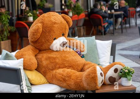 Plüschtier Bär sitzt auf der Bank einer Bar Auf dem italienischen Platz Stockfoto