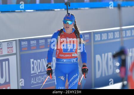 Pokljuka, Slowenien. Februar 2021, 21st. Pokljuka, Slowenien, Biathlon-Strecke, 21. Februar 2021, Dorothea Wierer während der IBU Weltmeisterschaften Biathlon - Männer 15km Massenstart - Biathlon Credit: Marco Todaro/LPS/ZUMA Wire/Alamy Live News Stockfoto