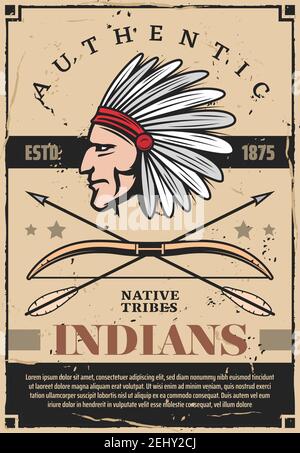indianer Stammeshäuptling mit Federkopfschmuck, Pfeilen und Bogen. Indigene amerikanische Krieger Bogenschütze Kopf vintage Poster, indianer Geschichte Vektor sie Stock Vektor