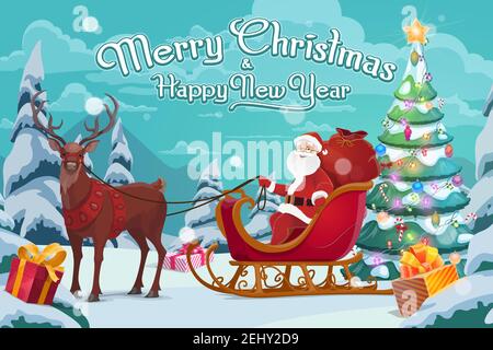Weihnachtsmann im Schlitten, Weihnachtsgeschenke und Polarhirsche im Geschirr. Vector dekoriert Weihnachtsbaum, Boxen mit Bögen, Winterurlaub Feier. Wald und Stock Vektor