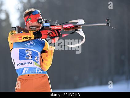 20. Februar 2021, Slowenien, Pokljuka: Biathlon: Weltmeisterschaften, Staffel 4 x 7,5 km, Männer. Benedikt Doll aus Deutschland während der Dreharbeiten. Foto: Sven Hoppe/dpa Stockfoto