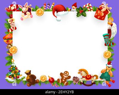 Weihnachten oder Neujahr Grußkarte leer leer von Weihnachten Dekorationen Rahmen. Vektor Winter Urlaub Hintergrund Design von Weihnachtsbaum Ornamente, Spielzeug ein Stock Vektor