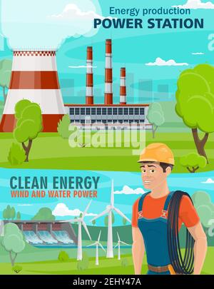 Poster der Energiewirtschaft mit sauberer und schmutziger Stromerzeugung. Umweltschädliches Wärmekraftwerk und erneuerbare Quellen von Wasser und Windkraft Stock Vektor