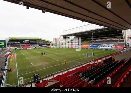 20th. Februar 2021; Welford Road Stadium, Leicester, Midlands, England; Premiership Rugby, Leicester Tiger gegen Wespen; Allgemeine Ansicht der Torpfosten und des Spielfeldes vor dem Spiel Stockfoto