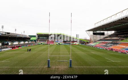 20th. Februar 2021; Welford Road Stadium, Leicester, Midlands, England; Premiership Rugby, Leicester Tiger gegen Wespen; Allgemeine Ansicht der Torpfosten und des Spielfeldes vor dem Spiel Stockfoto