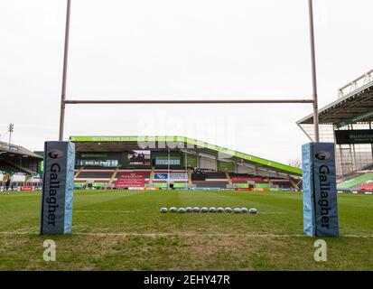 20th. Februar 2021; Welford Road Stadium, Leicester, Midlands, England; Premiership Rugby, Leicester Tiger gegen Wespen; Allgemeine Ansicht der Torpfosten und des Spielfeldes vor dem Spiel Stockfoto