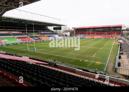 20th. Februar 2021; Welford Road Stadium, Leicester, Midlands, England; Premiership Rugby, Leicester Tiger gegen Wespen; Gesamtansicht des Platzes und steht vor dem Spiel Stockfoto