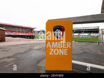 20th. Februar 2021; Welford Road Stadium, Leicester, Midlands, England; Premiership Rugby, Leicester Tigers gegen Wesps; ein Amber Zone Zeichen im Stadion vor dem Spiel Stockfoto