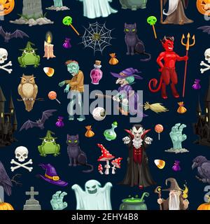 Halloween Muster Hintergrund von Monsers, Kürbisse und Hexengeister. Vektor Happy Halloween Grußkarte und Trick or Treat Party nahtlose Design von s Stock Vektor