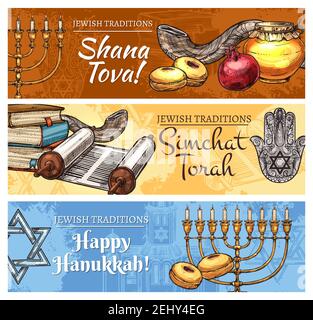 Happy Hanukkah, Shana Tova oder Rosh Hashanah Neujahr und Simchat Torah jüdischen religiösen Feiertagen Skizze Design. Vektor-Karten der jüdischen Feier sym Stock Vektor