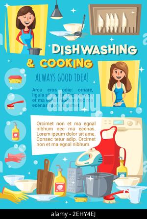 Catering-Service, Kochen und Spülen Vektor-Poster. Cartoon Koch Vorbereitung Abendessen und Frau Reinigung Geschirr mit Küchengeräten und Geräten, Co Stock Vektor