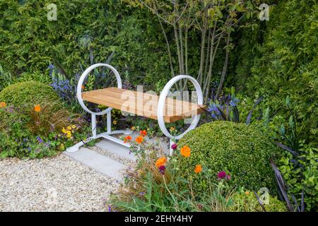 Moderne Holzgartenbank mit einem Schotterweg daneben Eine Grenze mit Boxbällen - Buxus sempervirens topiary England GB UK Frühling Stockfoto