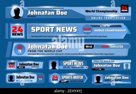 TV-Nachrichtenleisten und unterer Drittel Banner Vektor-Vorlage gesetzt. Breaking, Sport und Fake News, Live-Stream Übersetzung Video Titel. Broadcast und Stock Vektor