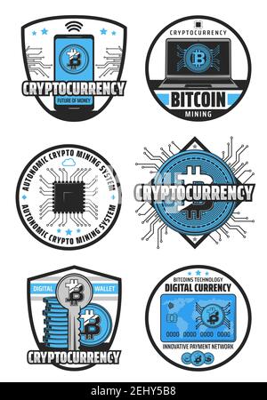 Bitcoin Kryptowährung, Digital Currency Mining und Blockchain-Technologie. Vektor-Icons von Krypto Währung Mine, digitale Brieftasche in Smartphone und cred Stock Vektor