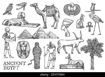 Ägypten Symbole und Landmarken Vektor Skizzen. Große Pyramiden und Sphinx, Ankh und Stier, Mama und Hund, Katze und Kamel. Tutanchamun und Skarabäus, Auge von Ho Stock Vektor