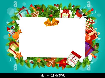 Weihnachtsgruß Rahmen, Vektor. Geschenke und Glocken, Schnee, Kegel und Stechpalme, Lebkuchen und Süßigkeiten. Cane Lollipop und Bullfinch, Clown Stock Vektor
