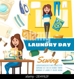 Wäscheservice Tag, Näh-und Waschmaschinen, Hausfrau oder Dienstmädchen. Vector Bügeleisen und Trockner, Stapel sauberer Kleidung, Waschbecken und Reinigungsmittel, Fadenspule und Nadel Stock Vektor