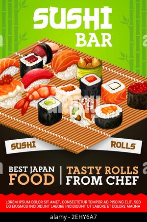 Japanische Sushi-Bar mit traditionellen Sashimi- und Maki-Brötchen. Asiatisches Essen Küche Restaurant suhsi Set von ebi Garnelen, Lachs Nigiri Temaki oder e Stock Vektor