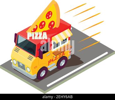 Symbol für Pizza-Lieferung. Isometrische Darstellung des Vektor-Symbols für die Pizzalieferung für das Web Stock Vektor