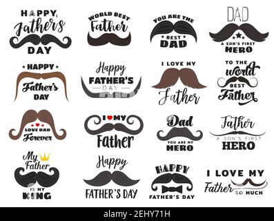 Väter Tag Vektor Urlaub Symbole. Hipster Schnurrbart mit Schriftzug und Schrift, Herz oder Krone. Männliches Familienmitglied oder Elterngratulation, Vaterschaft ce Stock Vektor