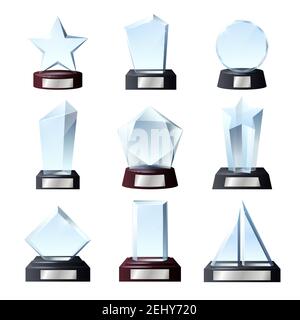 Glaspreise und Kristalltrophäen. Vector realistische leere leere transparente Stern, Kreis oder Rechteck Sport Champion Leistung und Musik Gewinner Stock Vektor